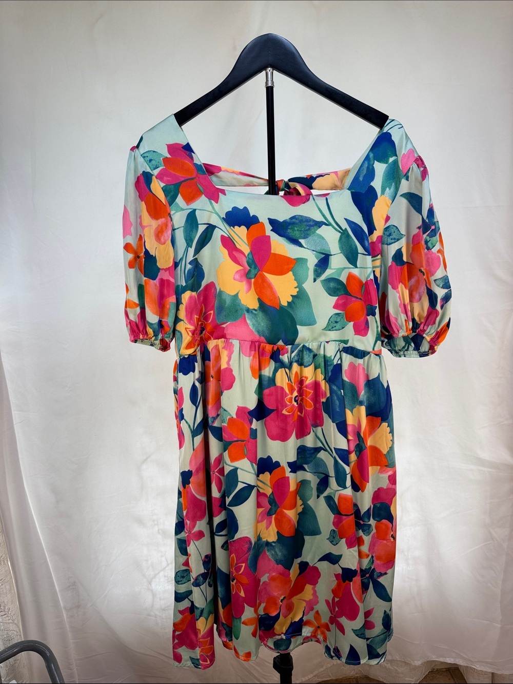 BiBi Floral Midi Dress in Aqua with Pink & Orange Blooms